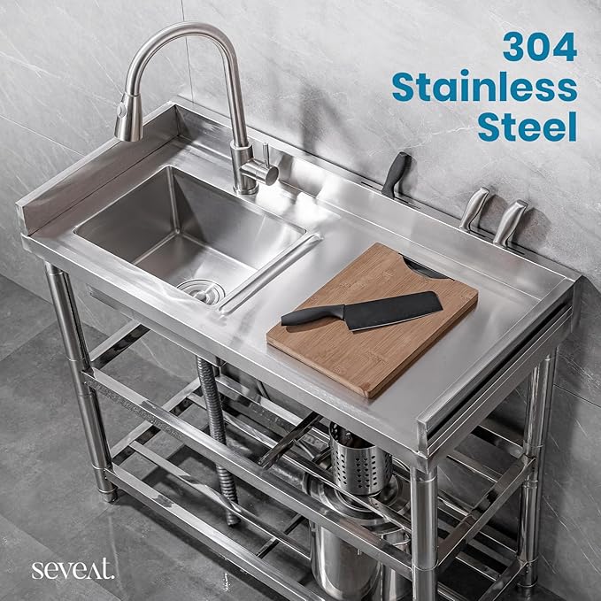 Stainless Steel Utility Sink Freestanding Laundry Sink with Pull-Out Faucet, Utility Tub with Bottom Shelves for Garage, Basement, Mudroom, or Workshop (Silver)