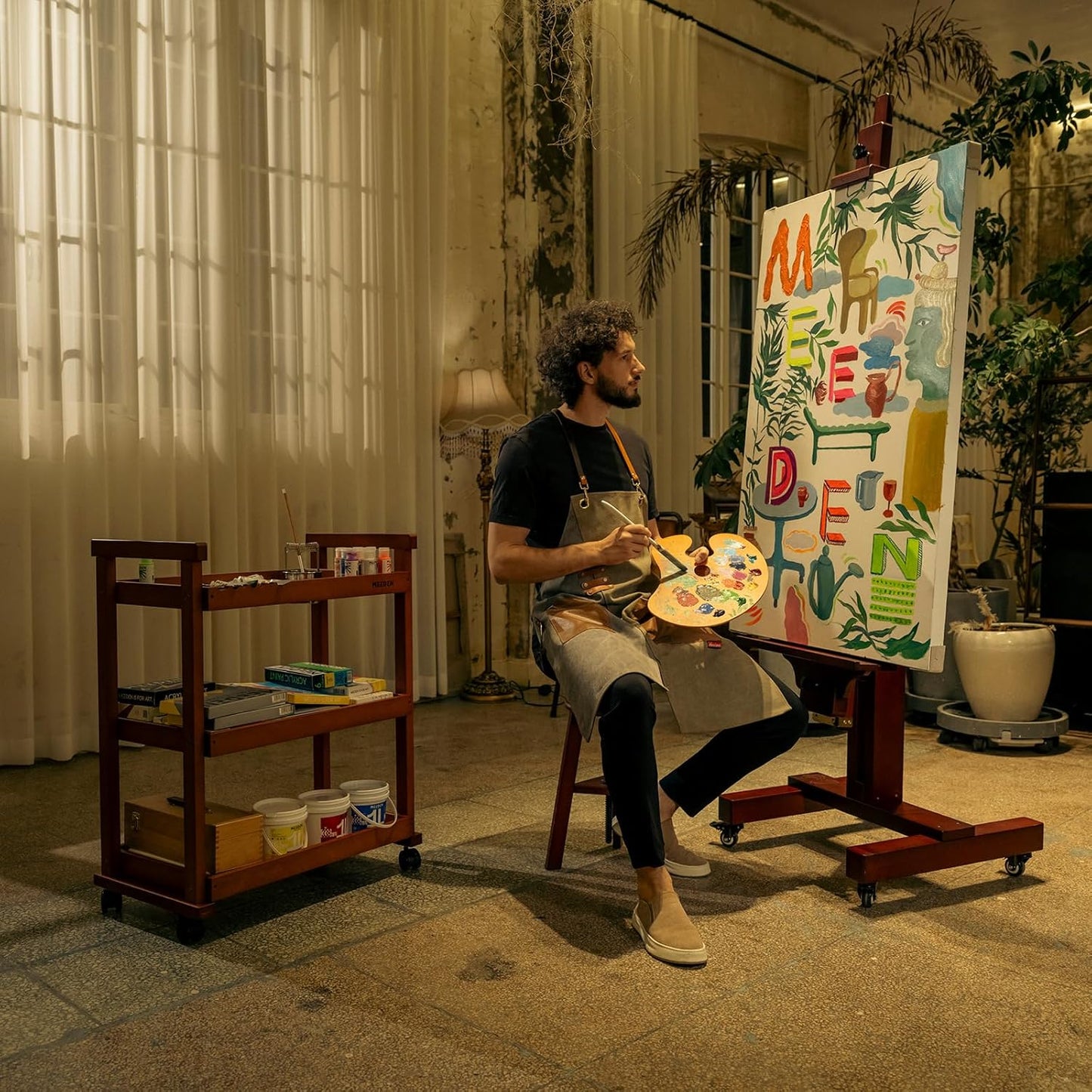 MEEDEN Heavy Duty Painting Easel: Professional Solid Beechwood Large Easel Holds Canvas Art up to 71” High - Tilts Flat Easily Wooden Floor Easel for Adult Artist Beginners Art Studios