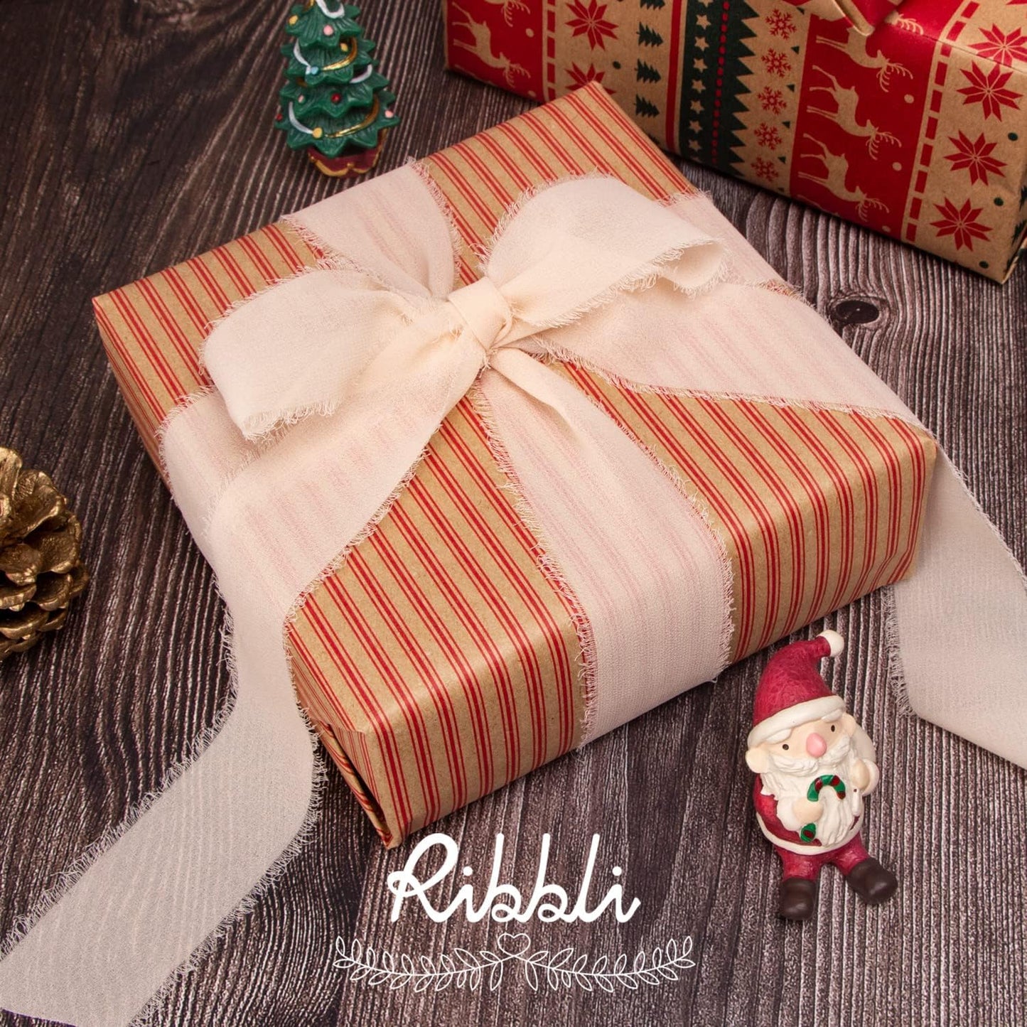 Ribbli Champagne Chiffon Ribbon 1-1/2 inch x 20 Yard Handmade Fringe Chiffon, Nude Silk Ribbon for Wedding Invitations, Bridal Bouquets Wrapping, Flower Arrangement Decoration