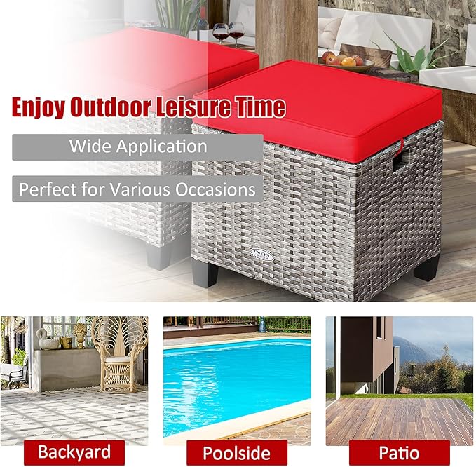 Tangkula 2 Pieces Patio Rattan Ottomans, Outdoor Wicker Footstool Footrest Seat with Soft Cushions and Steel Frame, All-Weather Patio Ottoman Set for Backyard Garden Poolside