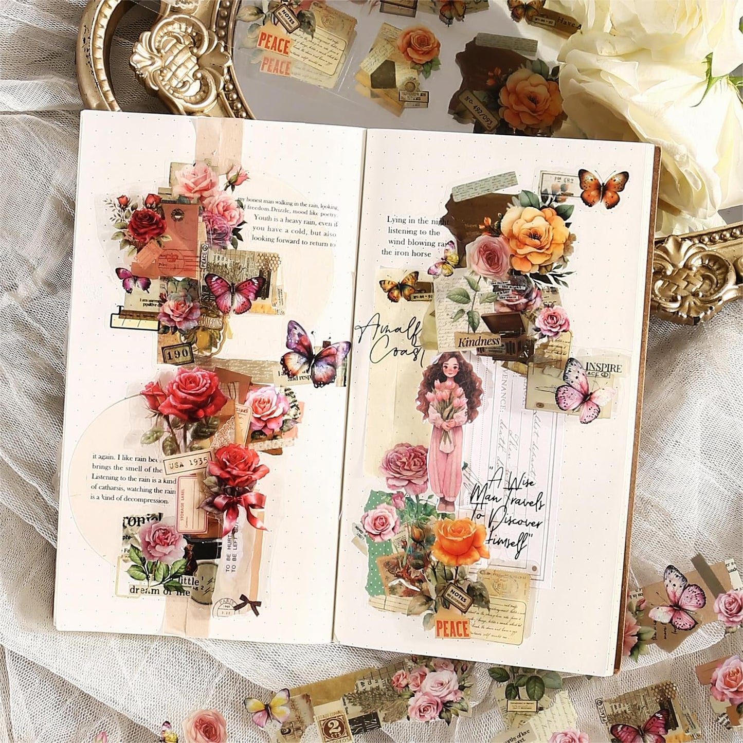 6Pcs Floral PET Tapes, Vintage Pre-Cut Tapes for Journaling, Scrapbooking, and Junk Journal Supplies, with Decorative Clip