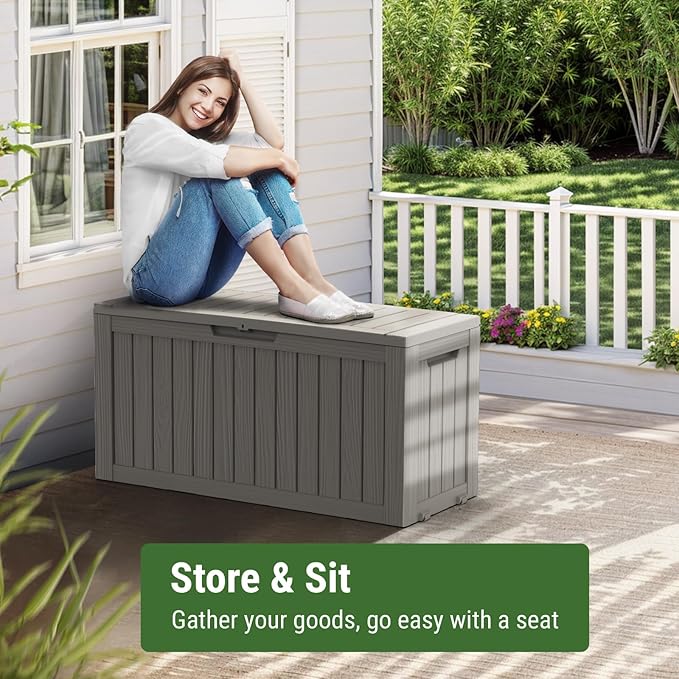 Mars Villa 72 Gallon Deck Box, Waterproof Weatherproof and UV Resistant Resin Storage Bin with Lockable Lid, Ideal for, Outdoor, Patio Furniture Cushions, Pool Supplies, Garden Tools, Greige