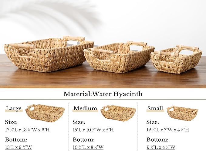 StorageWorks Hand-Woven Small Wicker Baskets, Water Hyacinth Storage Baskets with Wooden Handles, 2-Pack