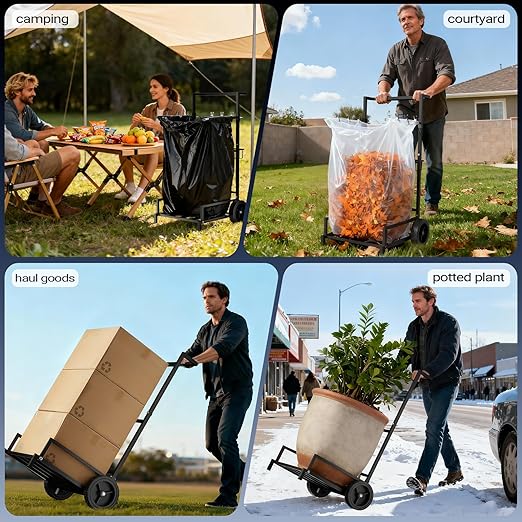 2-in-1 Leaf Bag Holder Cart & Hand Truck Dolly, Heavy Duty Garden Trash Bag Stand with 7" All-Terrain Wheels, 200lbs Capacity, Anti-Loss Clips & Utility Basket for Yard Work, Moving, Camping