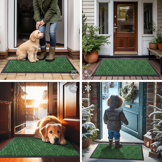 Smiry Front Door Mat Outside Entrance, Heavy Duty Sturdy Natural Rubber Doormat, Trap Dirt and Moisture, Easy Clean Low Profile Mats for Indoor Outdoor Entry, Grid Geometric (36x24, Green)