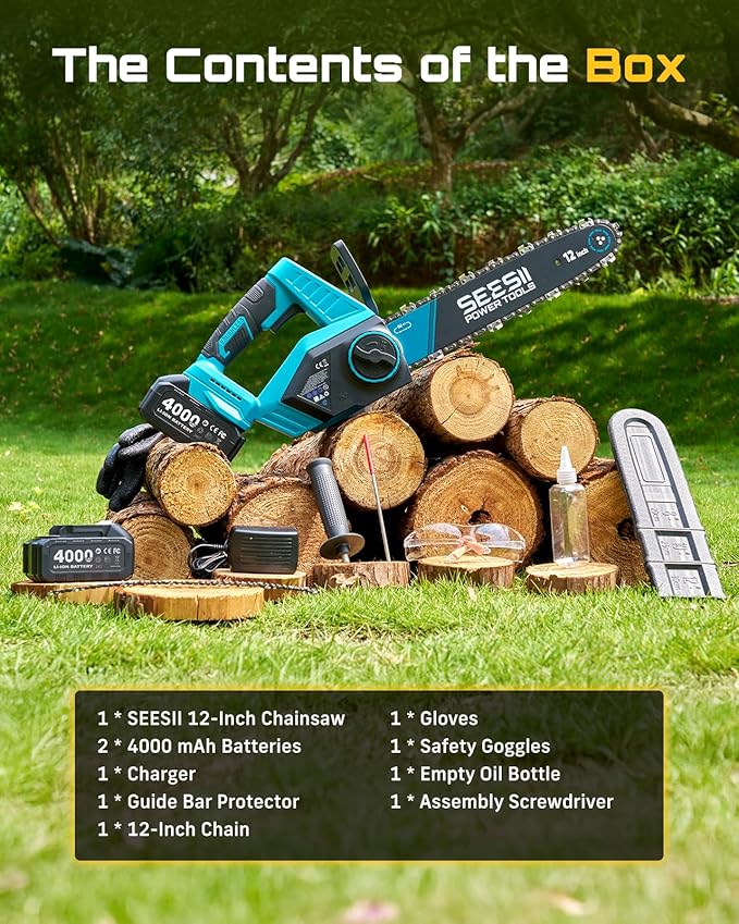 SEESII Electric Chainsaw Cordless 12-inch, Handheld Chain Saws with a 4.0Ah Battery, Tree Saw with Tool-free Chain Tension, Auto Oiling for Wood Cutting Trimming Branch