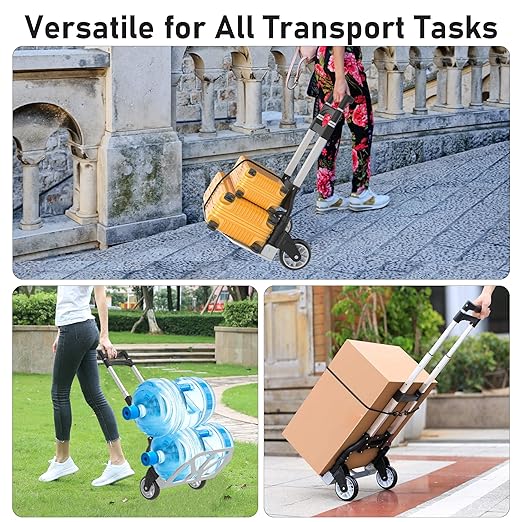 Folding Hand Truck - Aluminum Portable Dolly Cart with Telescopic Handle, Bungee Cord - Compact Lightweight Foldable Luggage Cart for Moving, Home, Auto, 180lbs, Black