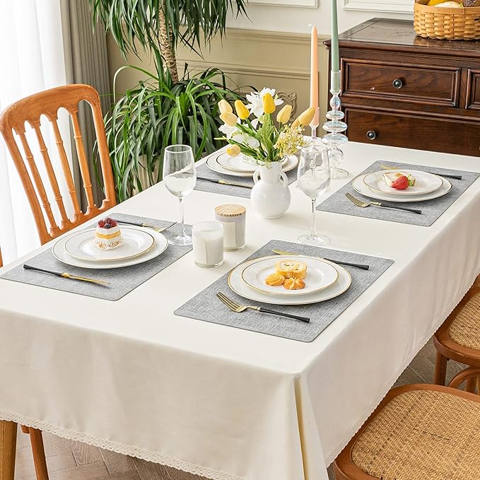 Romanstile Vinyl Placemats Set of 12-12 X 17 Inch - Heat Resistant Place Mats 100% Waterproof Oilproof Wipeable Reversible Faux Leather Table Mats for Kitchen, Dining, Party, Outdoor, Light Grey