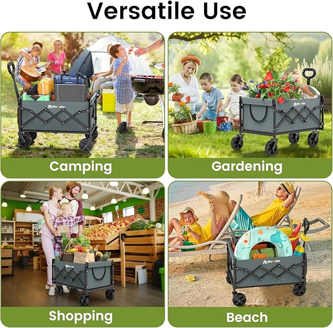 Collapsible Wagon with Wheels, 220 lbs Wagons Carts Foldable Wagon Cart with Flexible Handle, Lightweight Portable Folding Utility Grocery Shopping Cart for Grocery Sports Garden Camping, Gray