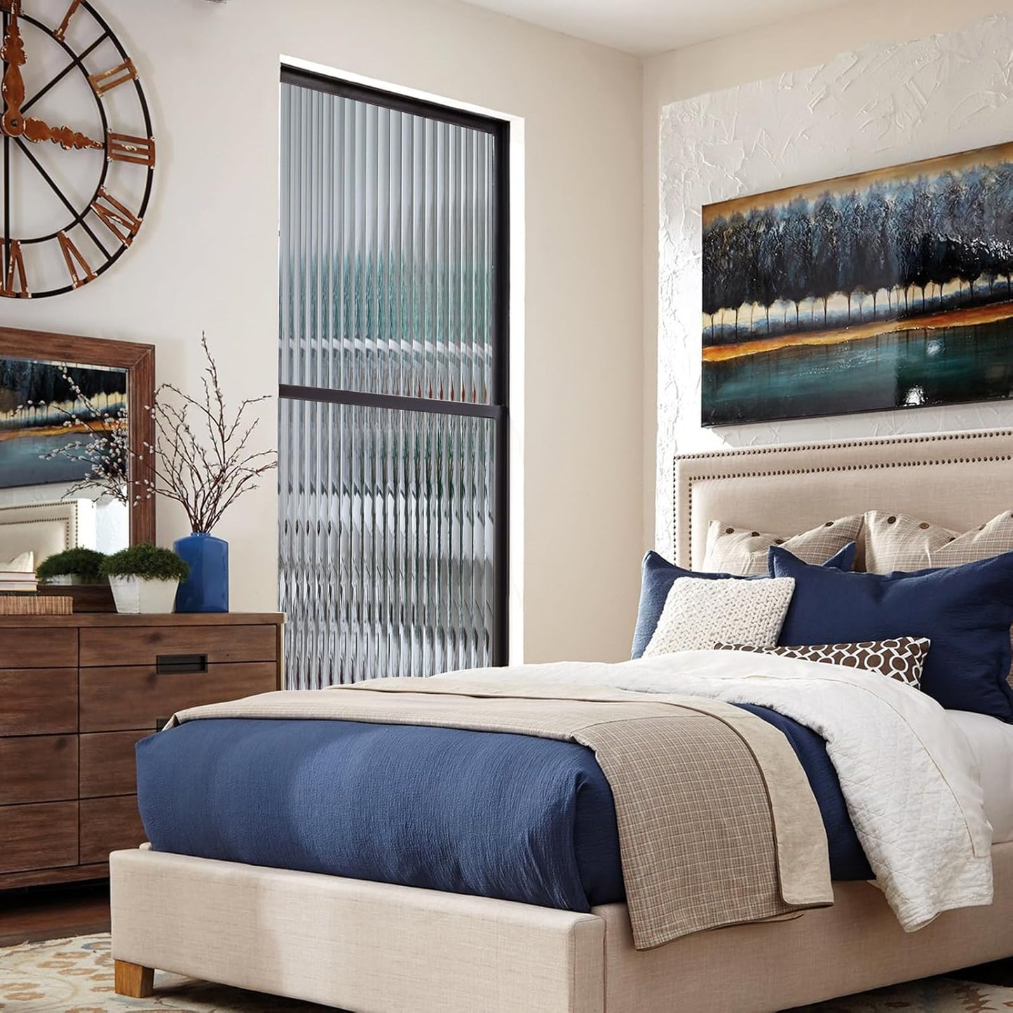 Window Privacy Film, Frosted Reeded Glass Cling, 3D Decorative Coverings with UV Blocking, Adhesive Stickers for Bathroom Doors Cabinet