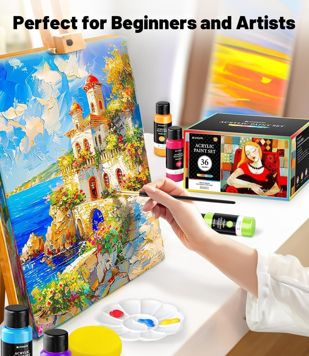 52 PCS Acrylic Paint Set with 12 Brushes, 2 Knives & Palette, 36 Colors (2oz/60ml) Art Craft Paint for Adults Kids Artists Beginners, Halloween Pumpkin Canvas Ceramic Rock Painting Kit