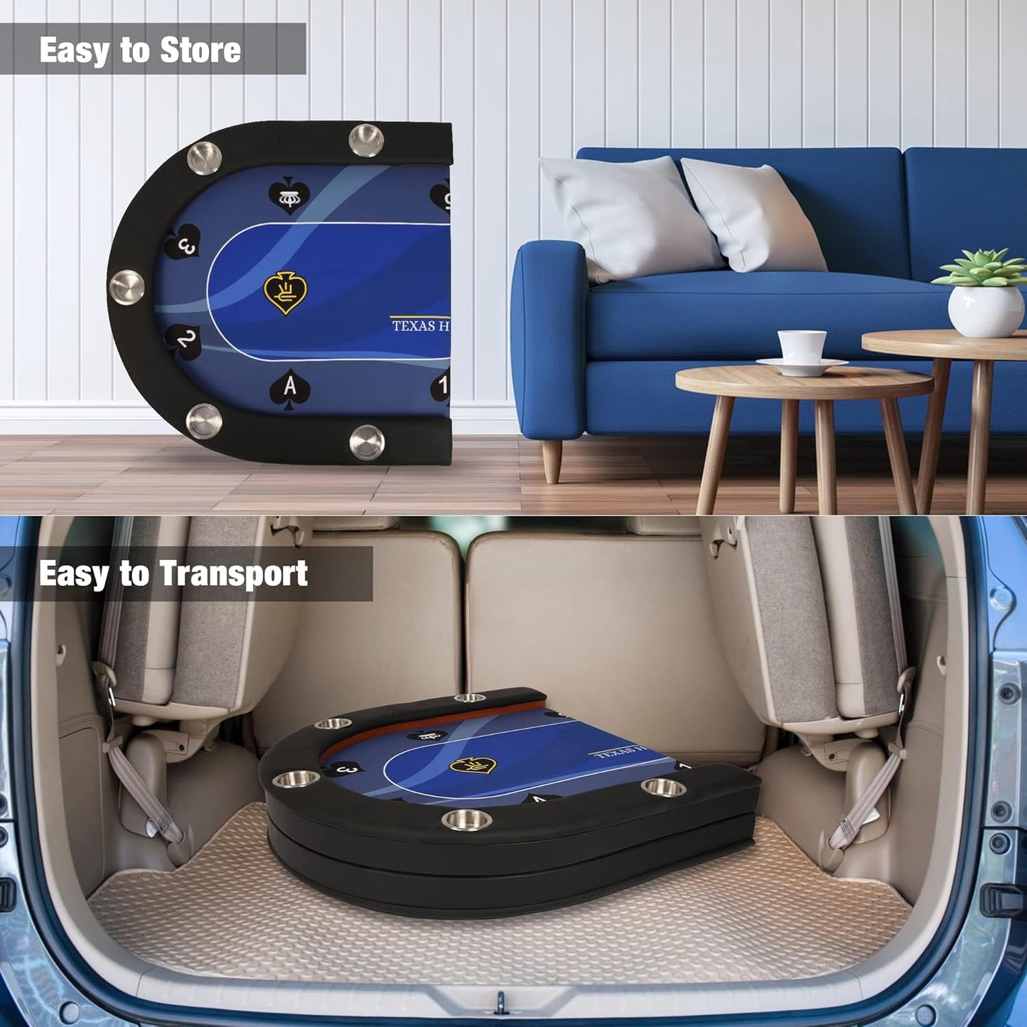 Upgrade Foldable Poker Table for 10 Players - Texas Holdem & Blackjack Board Game Table - Large Casino Table with 10 Stainless Steel Cup Holders & Padded Rails - Perfect for Texas Casino Leisure Game