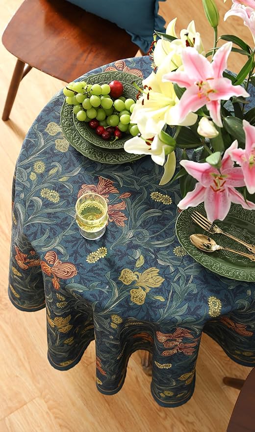 patdrea Designer Vintage Dark Blue Linen Round Tablecloth,French Rustic Floral Pattern Tablecloths,Decorative Table Cover Cloth for Kitchen,Dining,Tea Party,Home,Christmas,Diameter 67"