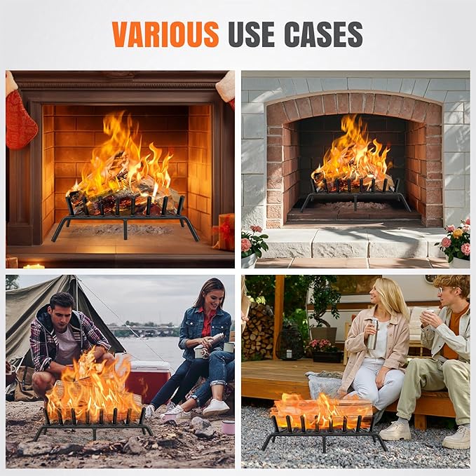 INNO STAGE Fireplace Grates with Ember Retainer - 27 Inch Fireplace Log Grate, Firewood Wood Log Holder Rack, Inside Wrought Cast Iron Fire Grate for Hearth Indoor Outdoor Camping