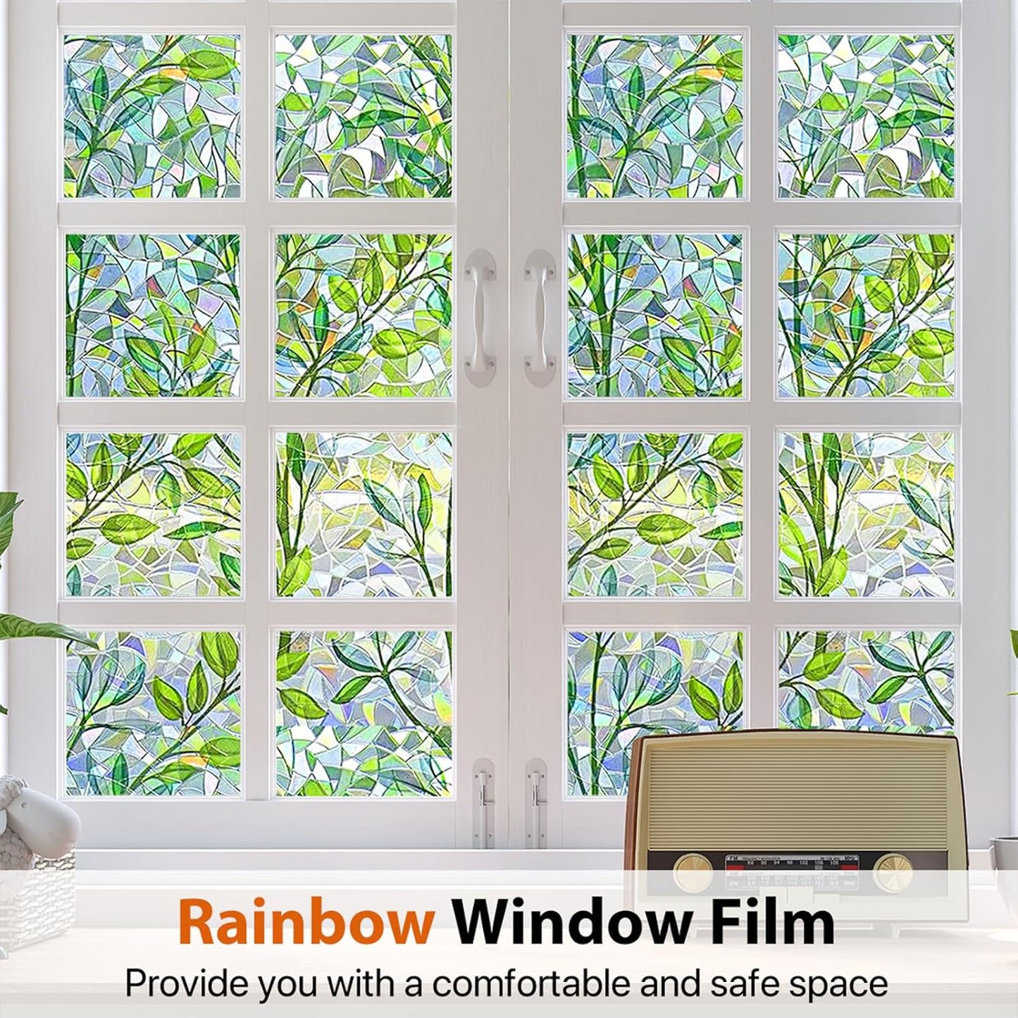 Niviy Window Privacy Film Stained Glass Window Film with Installation Tools, Rainbow Windows Decorative Decals Non-Adhesive Reusable for Home, Bathroom, Glass Door (Leaf Rainbow, 17.5 x 78.7 in)