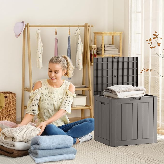 30 Gallon Outdoor Storage Box – Resin Deck Box with Lockable Lid, Waterproof Patio Furniture Storage for Tools, Garden & Yard Organization (Grey)
