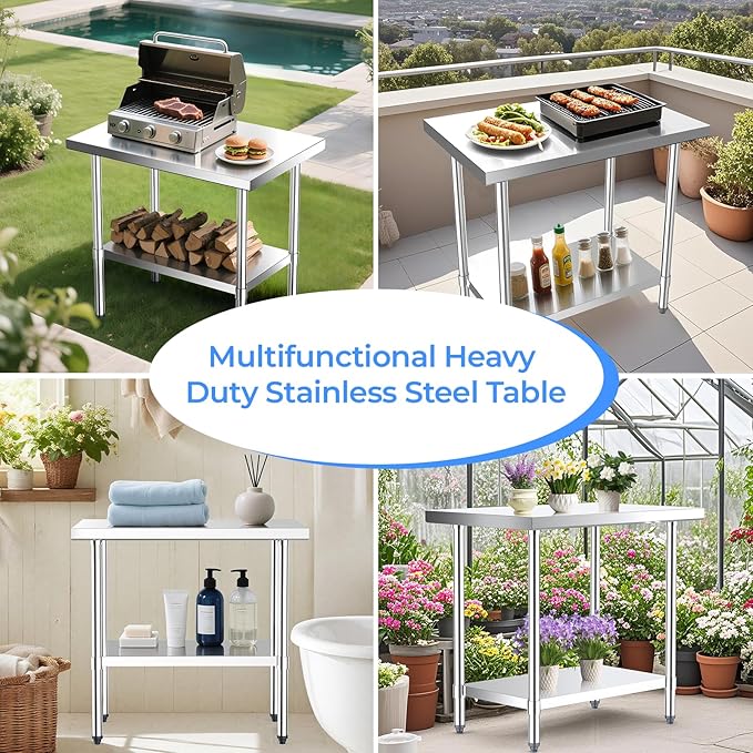 NUUK Heavy Duty Commercial Worktable 24" x 36" Restaurant Kitchen Food Prep Work Table Adjustable Height Stainless Steel Grill Workstation for Home and Hotel