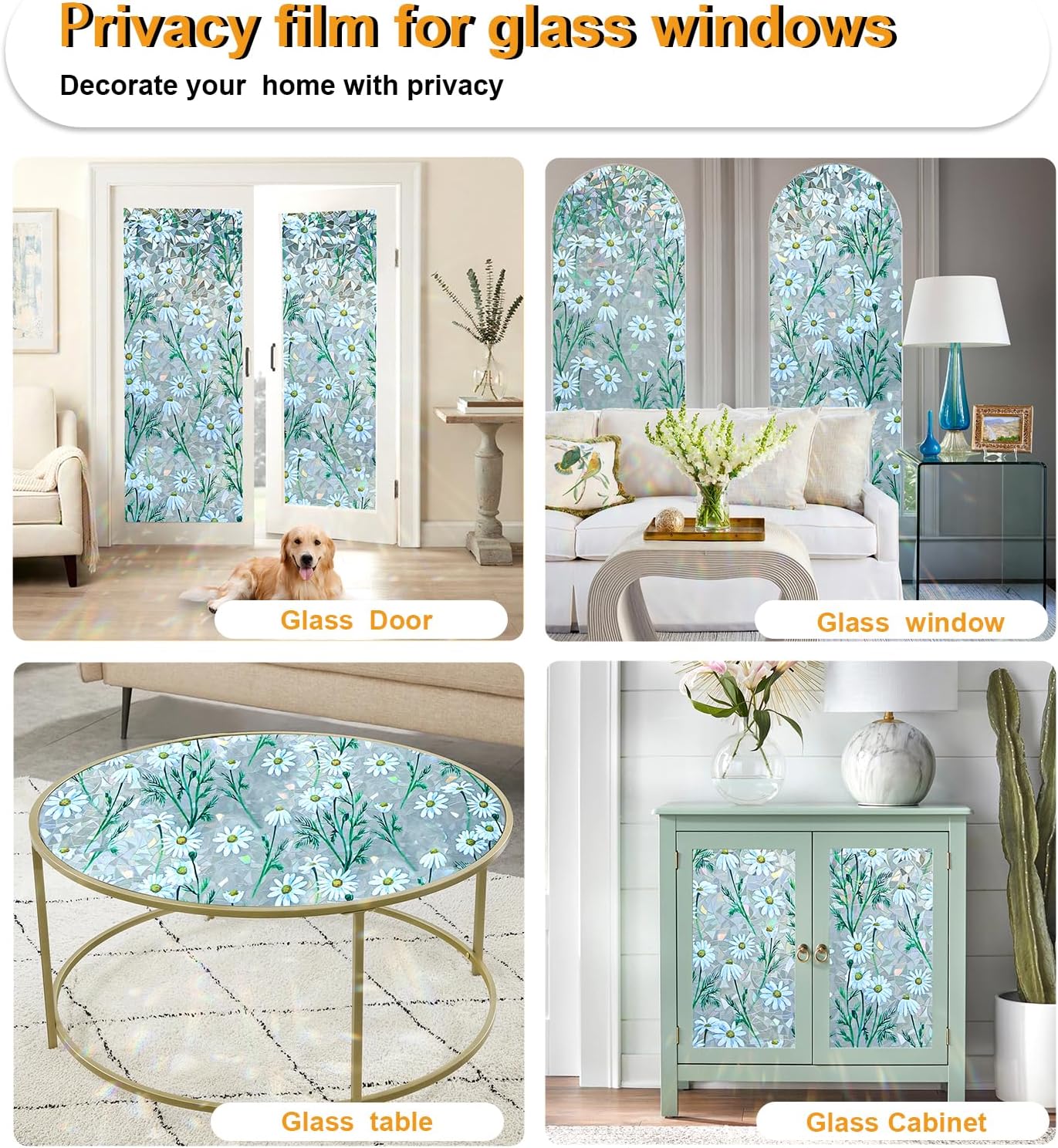 Window Privacy Film Stain Glass Window Film Rainbow Window Film Window clings Non-Adhesive Reusable Decorative for Room (Daisy Rainbow, 23.6 x 78.7 in)