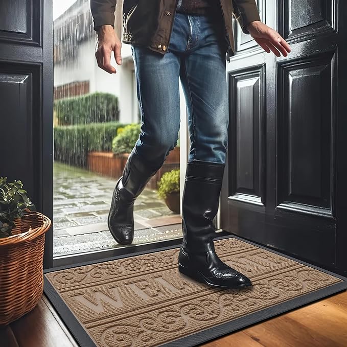 OLANLY Welcome Door Mat Indoor Outdoor Entrance, Heavy Duty Sturdy Front Door Mat, Waterproof All-Weather Doormat, Stain Resistant, Low Profile, Easy Clean Patio Entryway Mat, 29.5 x 17, Light Brown