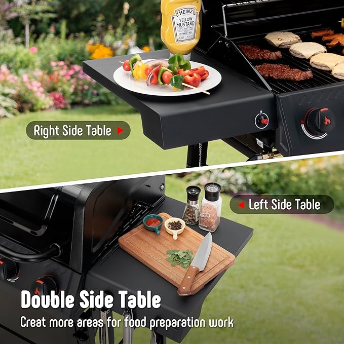 4 Burner Gas Grill, 36,000 BTU Outdoor BBQ Grill with Side Table for Outdoor Cooking & Backyard Barbecue, Premium Enameled Coated Chamber Body with Porcelain-Enameled Grates, Black