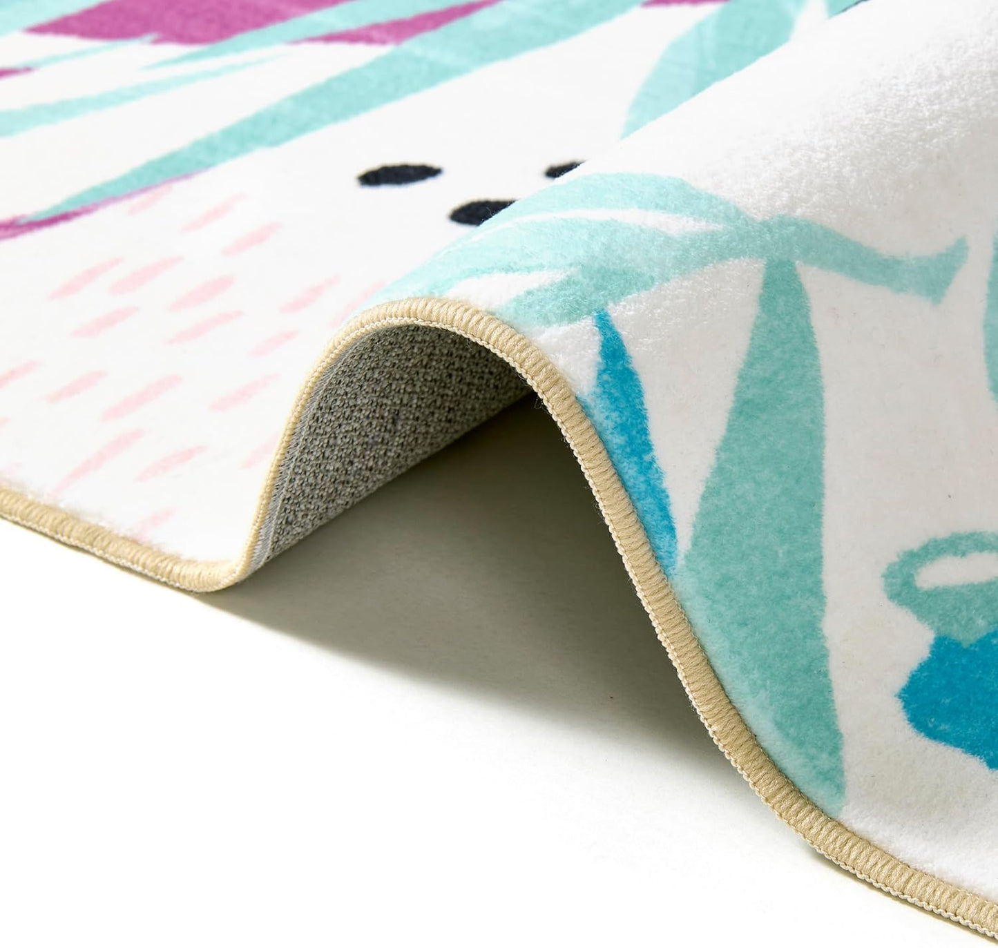 RoomTalks Tropical Leaves Washable Rug, Colorful Pink Blue Boho Cute Floral Aesthetic 4x6 Area Rugs for Bedroom Dorm Living Room Kitchen, Modern Abstract Art Palm Leaf Thin Indoor Entryway Carpet