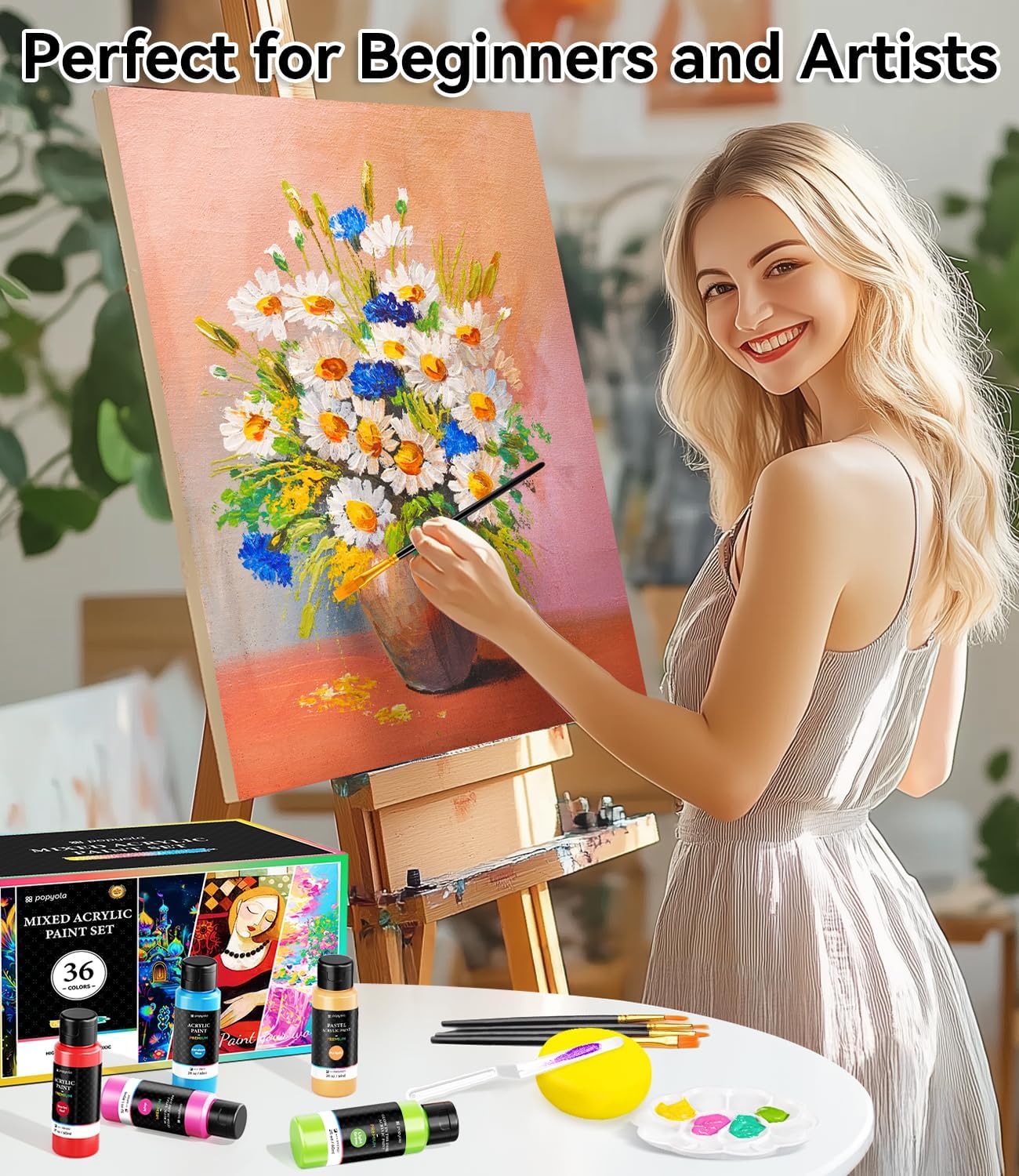 52 PCS Classic & Pastel & Glow in the Dark Acrylic Paint Set with 12 Brushes, 2 Knives & Palette, 36 Colors Art Craft Paint for Beginners, Halloween Pumpkin Canvas Ceramic Rock Painting Kit