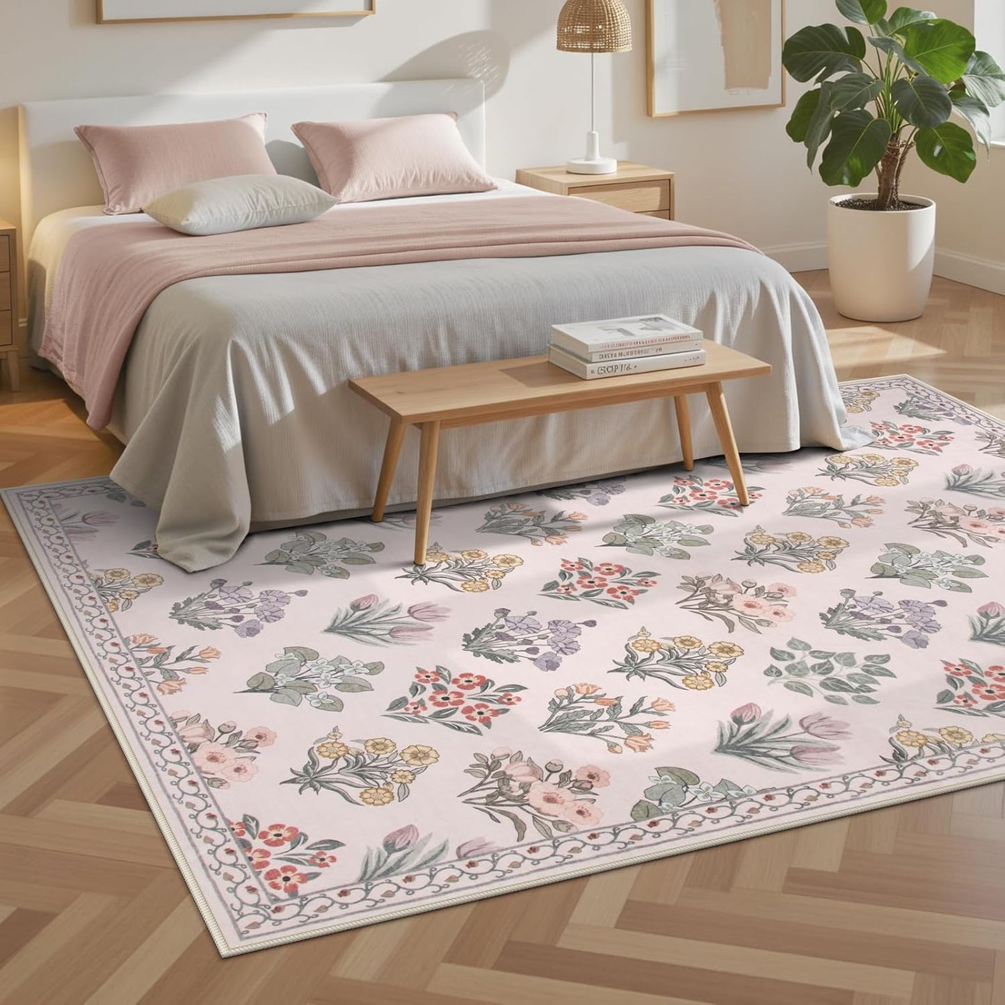 Wonnitar Floral Print Rug for Bedroom, Pink Boho Washable 8x10 Rug Ultra-Thin, Non Slip Soft Large Moroccan Trellis Floor Carpet for Living Room Girls Nursery Kids Playroom, Pale Pink