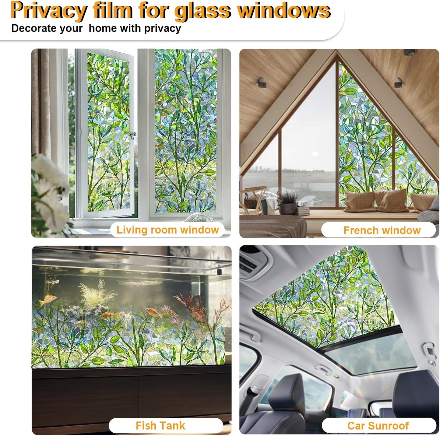 Window Privacy Film Stain Glass Window Film Rainbow Window Film Window clings Non-Adhesive Reusable Decorative for Room (Leaf Rainbow, 35.4 x 157.4 in)