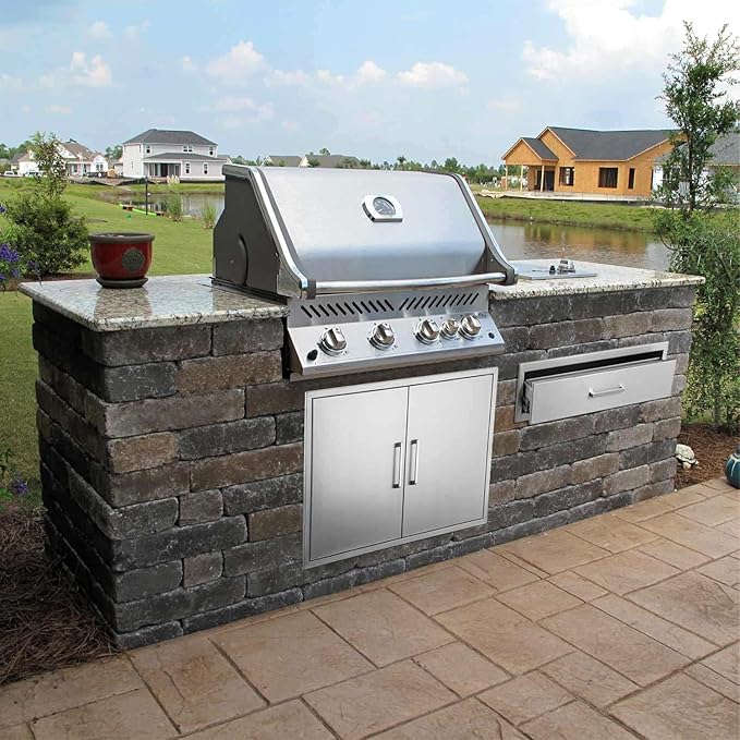 Outdoor Kitchen Drawers,Stainless Steel BBQ Single Drawer with Chrome Handle,30" W x 6.5" H x 23" D Enclosed Built-in Access Drawer Flush Mount for Outdoor Kitchen,BBQ Island