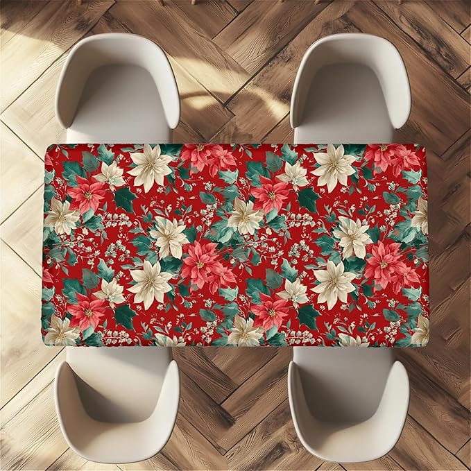 Rectangle Table Cloth Cover Waterproof Elastic Fitted Polyester Fitted Tablecloths for 4 Foot Tables for Indoor,Picnic, Camping, Outdoor (48" x 30",Christmas Flowers)