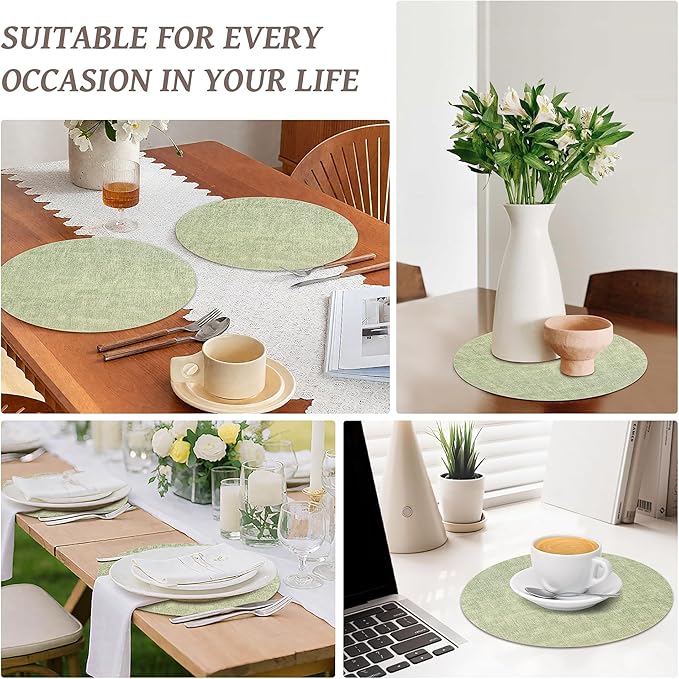 13" Round Placemats Set of 8, Reversible Faux Leather Heat Resistant Table Mats, Waterproof Oilproof Wipeable Table Protective Placemats for Vinyl, Washable for Indoor & Outdoor Use (8, Light Green)