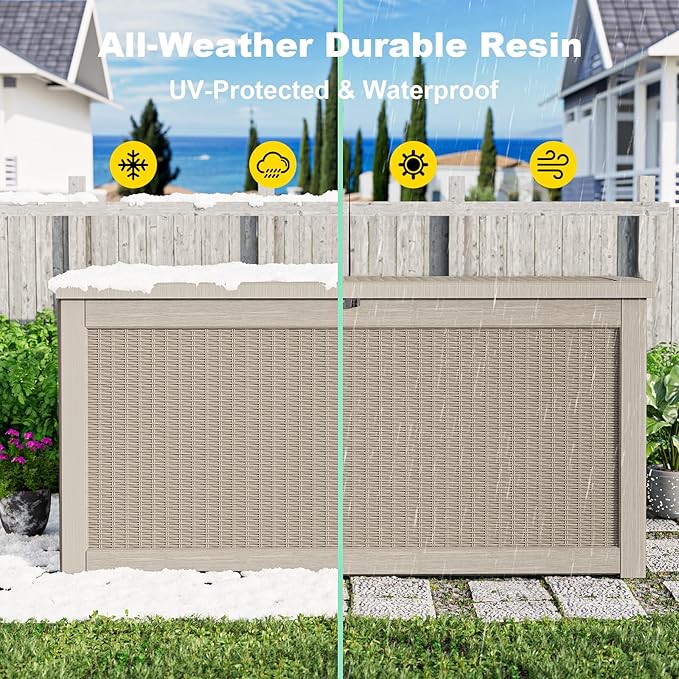 320 Gallon Waterproof Outdoor Storage Box, UV Resistant Resin Deck Box with Hydraulic Rod for Reinforced Stability, Perfect for Patio, Garden, and Pool(Grey,320 Gallon)