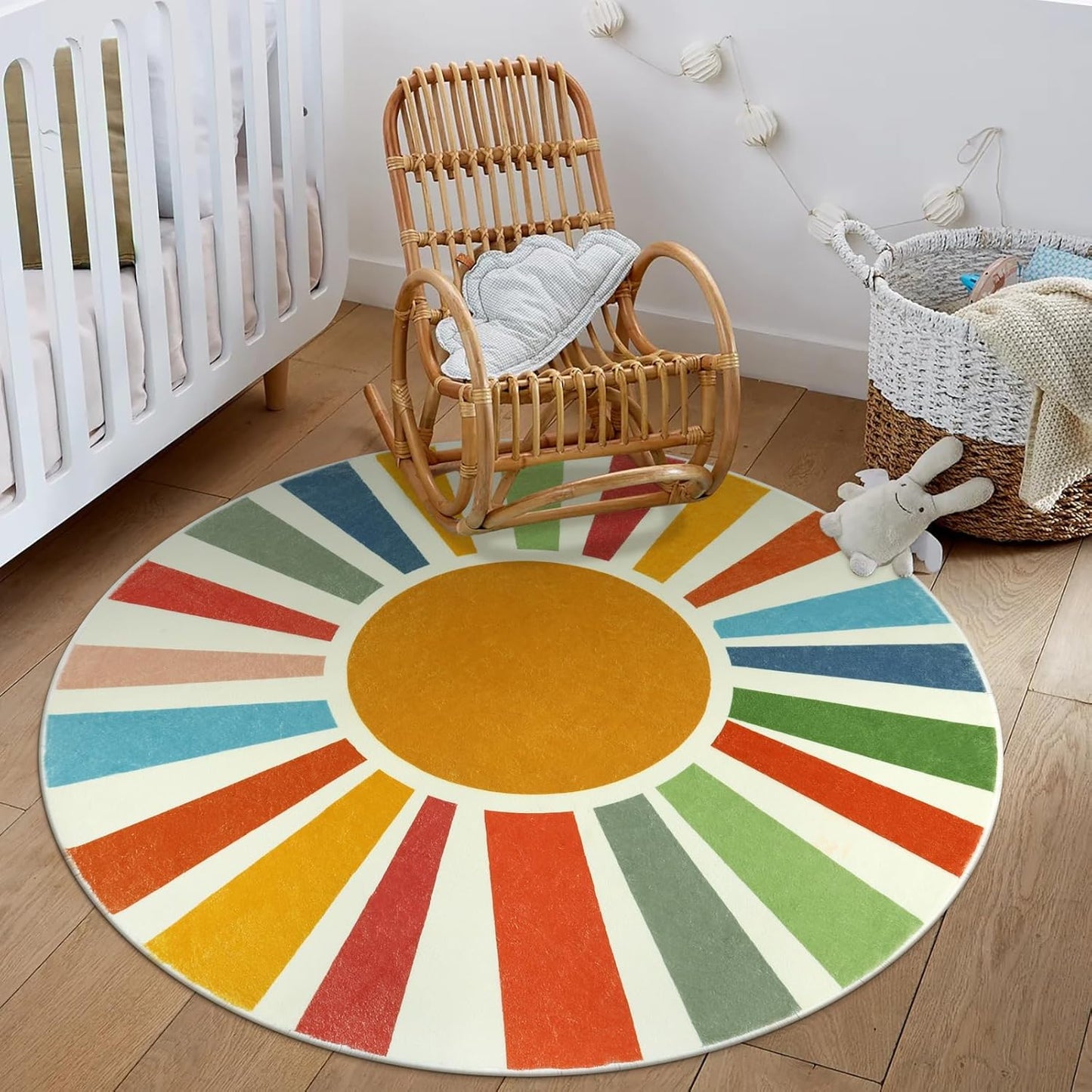 STARUIA Small Round Rug 4 Ft Washable Round Rug for Kids Room, Colorful Sun Circle Rug for Playroom, Non-Slip Circular Office Carpet Soft Rainbow Rug for Bedroom Reading Corner Dorm