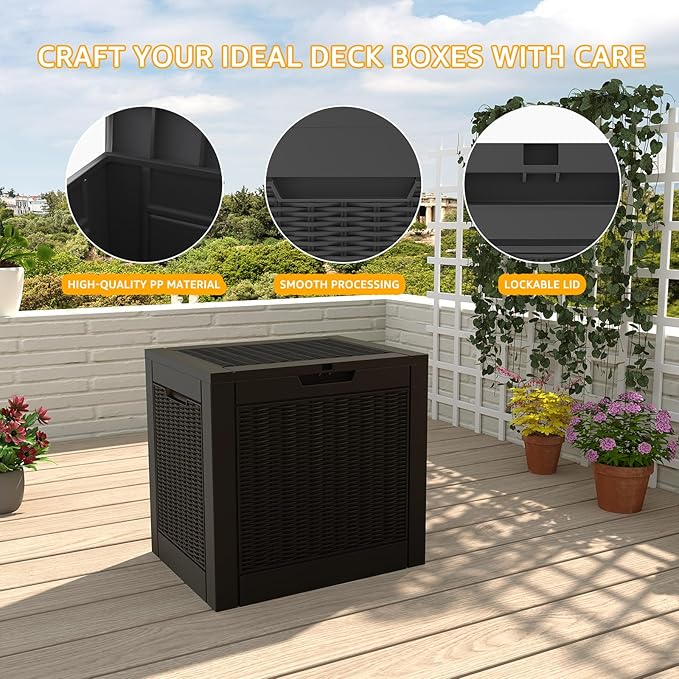DRATO 31 Gallon Deck Box, Outdoor Storage Box for Patio Cushion, Garden Tools, Waterproof Resin Storage Box (Black๏ผ31 Gallon)
