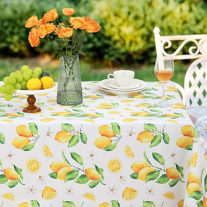 Romanstile Summer Rectangle Plastic Tablecloth, 100% Waterproof Oil-Proof Lemon PVC Table Cloth, Heavy Duty Vinyl Table Cover for Dining, Camping, Picnic, Outdoor - 54 x 120 Inch, Lemon