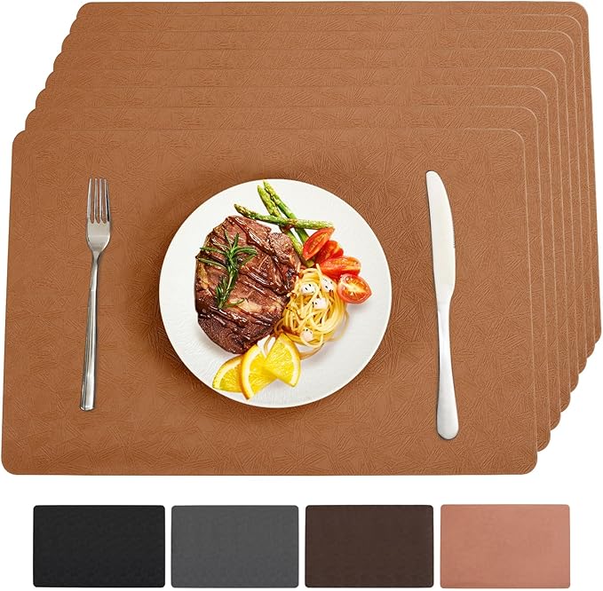 Vinyl Placemats Set of 8 Heat Resistant Easy Clean Non-Slip Place Mats for Dining Table. Faux Leather Waterproof Stain Resistant Wipeable Washable PVC Table Mats(8, Light Brown)