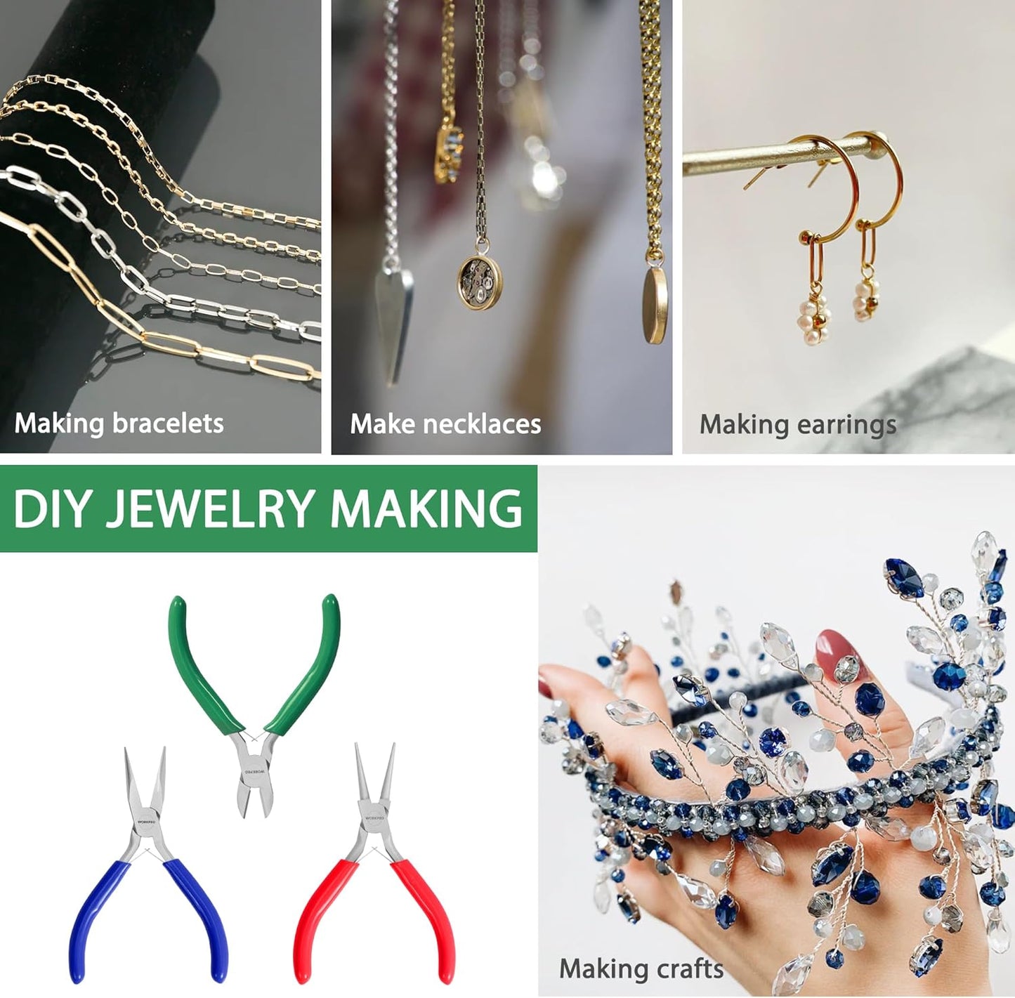 WORKPRO Jewelry Pliers Set, 3 Pack Jewelry Making Tool Kit- Needle Nose Plier/Chain Nose Plier, Round Nose Plier and Wire Cutter for Charm Bracelet, Jewelry Repair, DIY Crafts, Jewelry Making Supplies