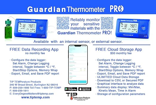 Guardian Thermometer PRO Bluetooth Temperature Data Logger, Internal Temperature Sensor, NIST Traceable Calibration Included, Configure and Download with Free App
