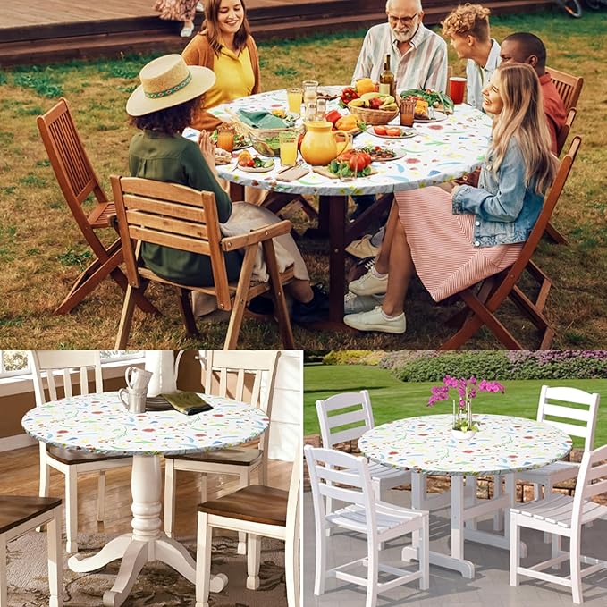 2 Pcs Round Picnic Tablecloth, Waterproof Elastic Fitted Table Covers, Elastic Edge Table Cover Indoor Outdoor Round Fits 43"-55" Round Table Cloth, Oilproof Wipeable Protector for Camping (Flower)