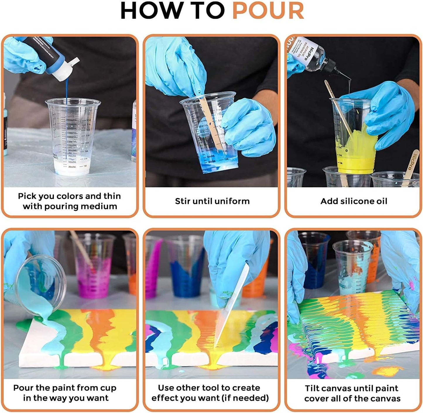 Nicpro Large Bulk Acrylic Pouring Paint, Art Starter Supplies with 8 Colors 8.45 oz Acrylic Paints, Pouring Medium, Silicone Oil, Canvases, Cups, Sticks, Tools Gloves, Strainers for Flow DIY Painting