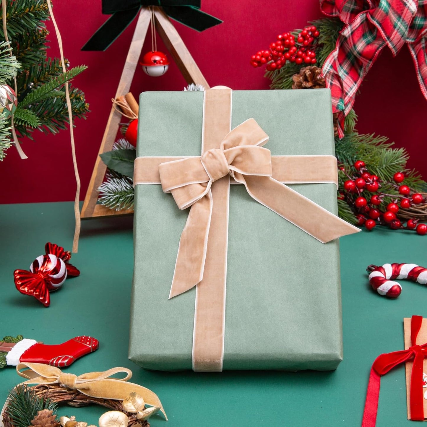 Vintage Camel Velvet Ribbon Christmas Ribbon for Gift Wrapping Crafts Christmas Tree Ornaments Garland Decorations, 1 Inch X 25Yd