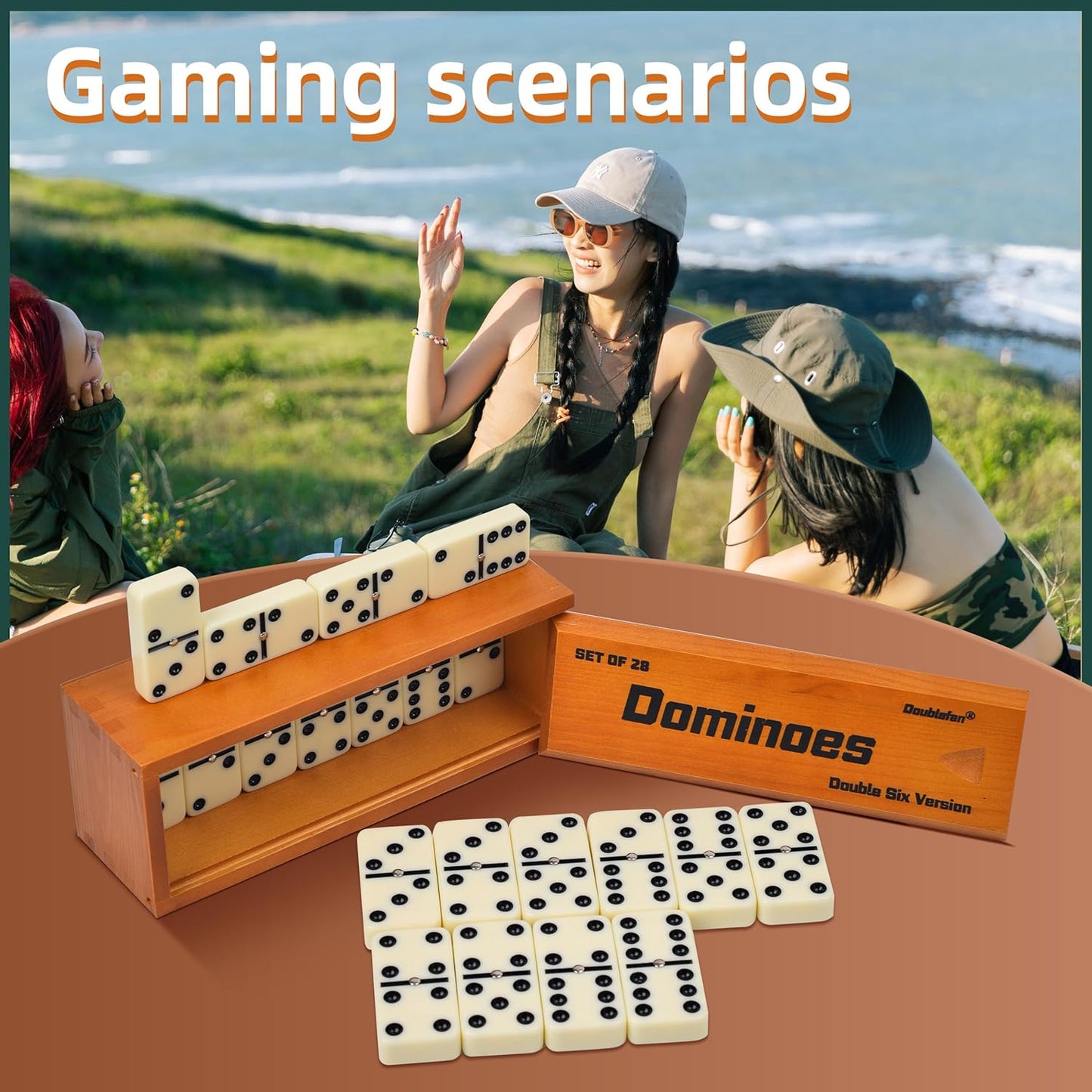 Dominos Set for Adults, Jumbo Size Double 6 Dominoes Set, Classic Board Game for Adults and Elderly, Double Six Thick Size Domino with Spinner 28 Tiles in Exclusive Brown Wooden Box.