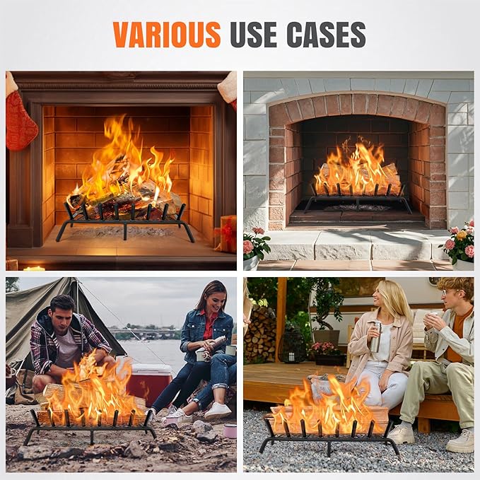 INNO STAGE Fireplace Grates with Ember Retainer - 30 Inch Fireplace Log Grate, Firewood Wood Log Holder Rack, Inside Wrought Cast Iron Fire Grate for Hearth Indoor Outdoor Camping