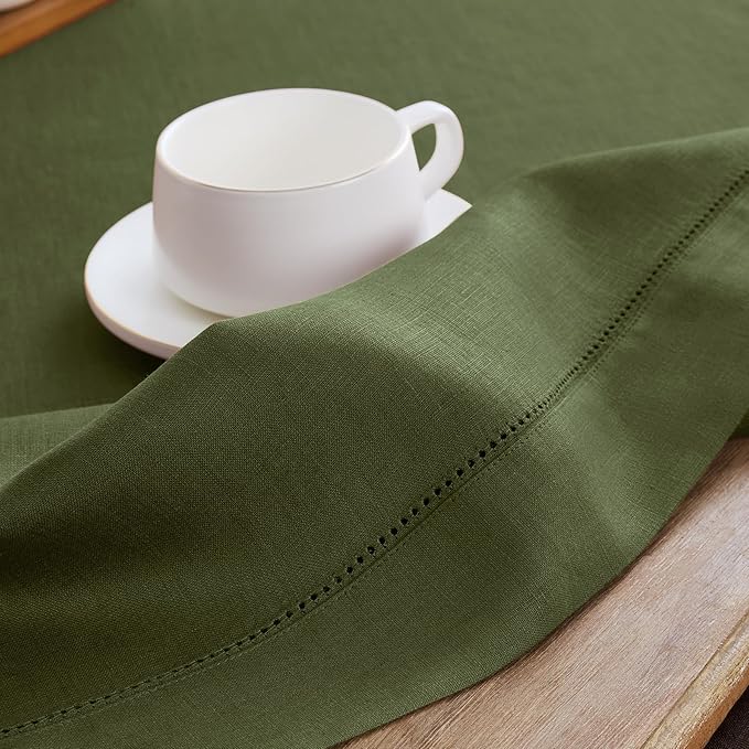 Solino Home Linen Olive Table Runner 90 Inches Long - 100% Pure Linen 14 x 90 Inch Table Runner for St Patricks Day - Classic Hemstitch