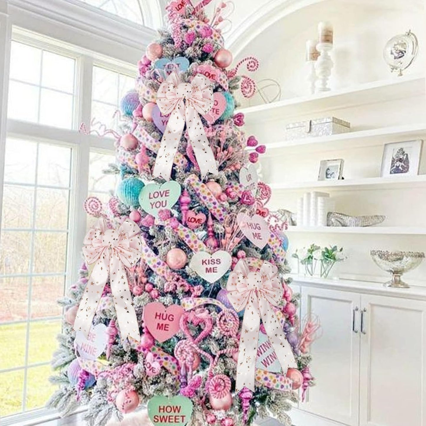 MEEDEE Rose Gold Star Satin Wired Ribbon - 2.5 Inch Pink Wedding Ribbon - 25 Yards Roll Christmas Decor