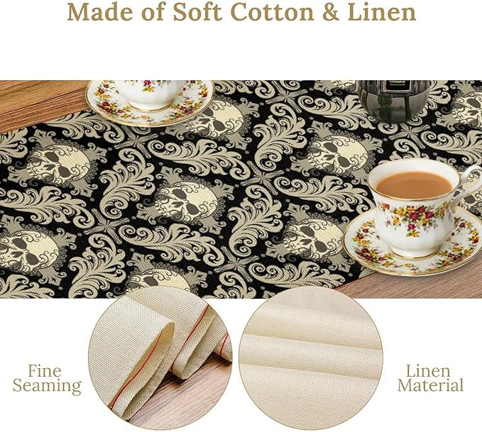 Skull Table Runner, Retro Antique Gothic Damask Pattern Classic Halloween Boho Black Coffee Vintage Table Center Decor for Kitchen and Dining Outdoor Home Country Party Table Decorations, 13"x108"