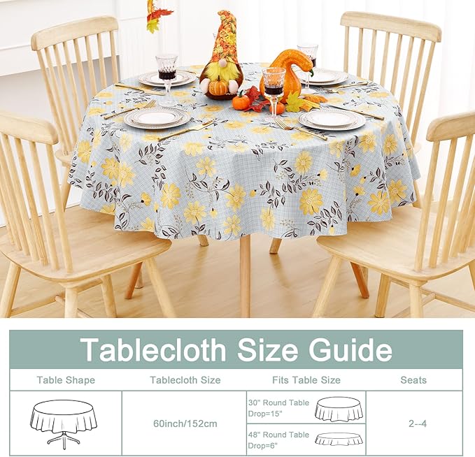 misaya Round Waterproof Vinyl Table Cloth, Wipeable Tablecloth with Flannel Backing, Plastic Table Cover for Dinner, Picnic, Indoor and Outdoor (Yellow Flowers, 60")