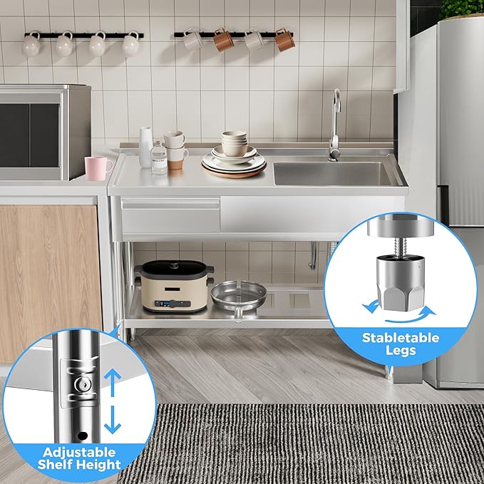 304 Stainless Steel Utility Sink – Free Standing Single Bowl with Workbench, Storage Drawer & Faucet, Hot and Cold Water Pipes for Laundry Room, Farmhouse, Outdoor Use (Left Drawer 47'' Sink)