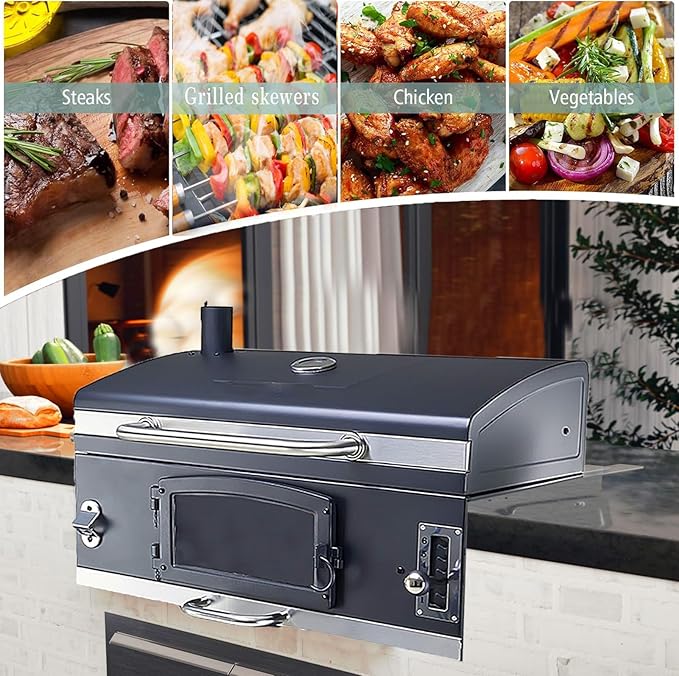 Large Built-in Barbecue Grills, Charcoal BBQ Grills with Liftable Tray, Insulated Hood & Temp Gauge, Black Stainless Steel Charcoal BBQ Barrel Grill for Outdoor Kitchen Camping Park Style