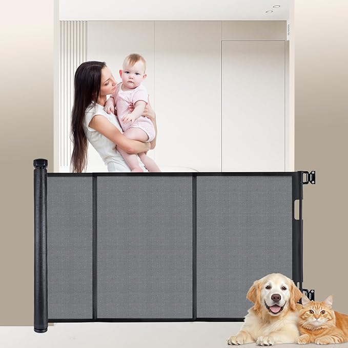 150 inches Retractable Baby Gate, 34 inches Tall Extra Wide Safety Gate for Large Hallways, Open Areas, Pet Zones, Durable Mesh Gate for Kids and Dogs, Black
